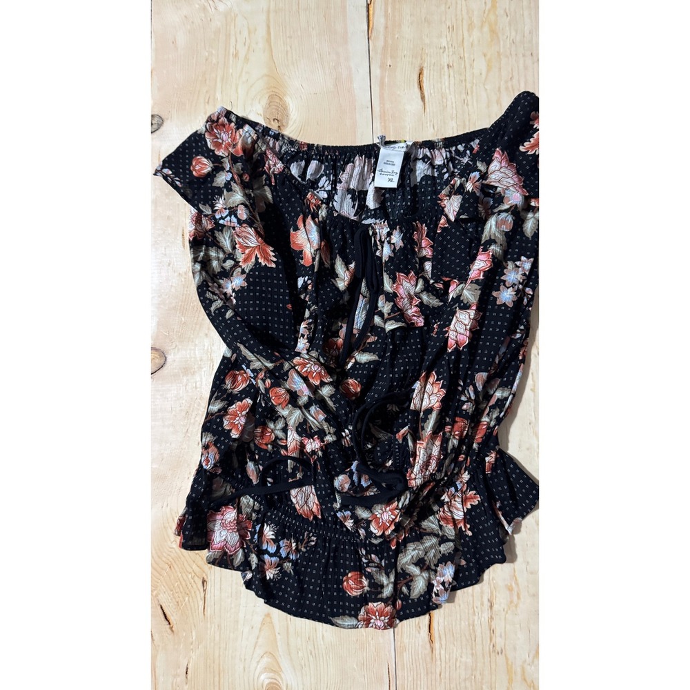 American Rag‎ Womens XL Black Floral Off Shoulder Smocked Peplum Blouse Top